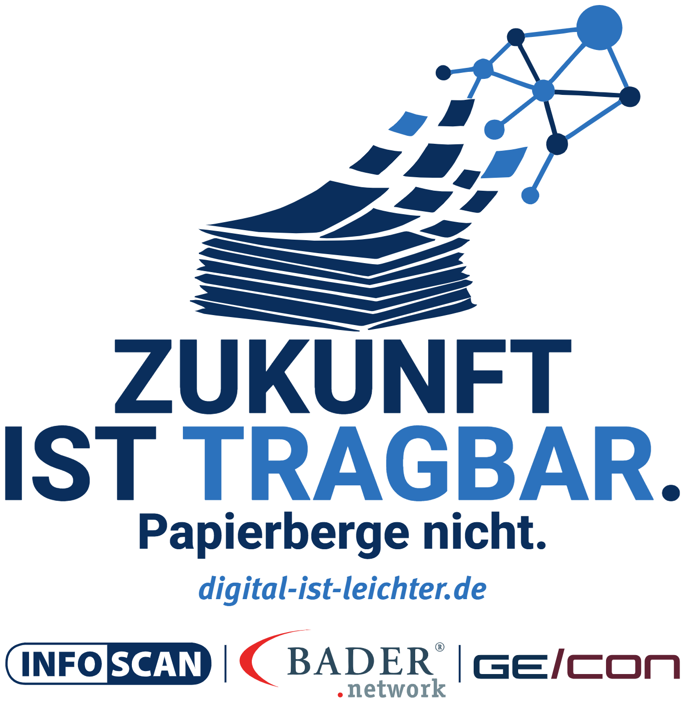 Weiße Messetasche mit dem Motiv „Zukunft ist tragbar. Papierberge nicht.“ und der Adresse digital-ist-leichter.de